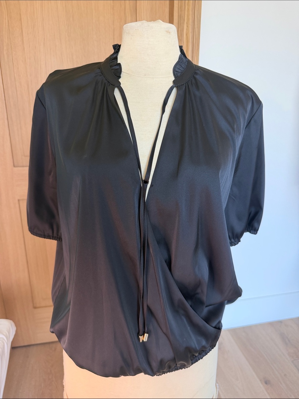 INC International Concepts Black Satin Ruffled Tie-Neck Blouse
